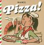 "Pizza!" und "Reprodukt" im Vordergrund. Illustration eines Kindes mit Kochmütze, das stolz eine Pizza präsentiert., Buch