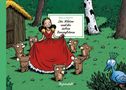 Text: „Émile Bravo. Die Schöne und die sieben Zwergbären.“ Eine lächelnde Frau im roten Kleid mit sieben kleinen Bären., Buch