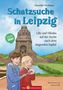 Buchtitel: "Schatzsuche in Leipzig". Illustration: Zwei Kinder vor einem großen Denkmal mit einer Lupe.