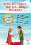 Titel: "MEIN NORDSEE-RÄTSEL- UND MALHEFT". Rundes Fenster: "Für Kinder von 5 bis 8 Jahren". Zwei Kinder am Strand, Möwe in der Nähe., Buch