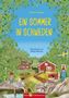 "Ein Sommer in Schweden", Miriam Schaps. Kinder spielen, rote Holzhäuser, schwedische Flagge, umgeben von grüner Natur., Buch