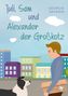"Juli, Sam und Alexander der Großkotz" von Georgie Severin. Illustration: Mann mit Karton, Hund, Gebäude im Hintergrund., Buch