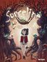 "Sorceline", Band 3 "Das Geheimnis meiner Herkunft". Illustration von Baum und Fantasiefiguren um ein Mädchen auf Ast., Buch