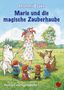 "Marie und die magische Zauberhaube." Illustration: Mädchen mit bunter Mütze, umgeben von Zwergen, Hund und Eulen auf Wiese., Buch