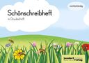 "Schönschreibheft in Druckschrift", "rechtshändig". Illustration: Blumenwiese mit Bienen und Wolken am Himmel., Buch