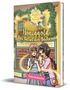 "Honiggold: Das Rätsel der Bäckerei" – Abenteuer vom Rosenhof. Zwei Mädchen sprechen vor einer Bäckerei., Buch