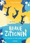 "Blaue Zitronen: Der Sommer, als alles anders wurde." Illustration mit springenden Silhouetten vor gelbem Himmel und Meer., Buch