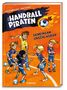 Titel: "Die Handball Piraten". Untertitel: "Gemeinsam Unschlagbar". Kinder in Handballtrikots auf Spielfeld.