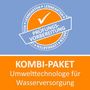 Blauer Kreis mit Text "PRÜFUNGSVORBEREITUNG". Darunter orange Fläche: "KOMBI-PAKET Umwelttechnologie für Wasserversorgung"., Buch