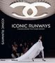 "ICONIC RUNWAYS: FASHION SHOWS THAT MADE HISTORY" in weißer Schrift. Eine Person in weißem Outfit auf einem Laufsteg., Buch