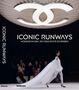Text: "ICONIC RUNWAYS, MODENSCHAUEN, DIE GESCHICHTE SCHRIEBEN." Frau in weißem Kleid läuft auf einem Laufsteg. Logo oben., Buch