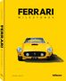 Text: "FERRARI MILESTONES", "ROLAND LÖWISCH". Gelber Hintergrund mit gelbem Ferrari von vorne, Logo unten., Buch