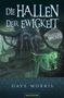 „Die Hallen der Ewigkeit“, „Fantasy Spielbuch“. Unterhalb surreale Architektur, mystische Stimmung, eine Gestalt klettert., Buch