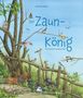 „Brüder Grimm: Der Zaunkönig“, Illustration von Mary Adler. Mehrere Vögel und Hühner auf einem Holzzaun und Wiese., Buch