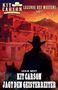 "Kit Carson: Jagt den Geisterreiter" von Leslie West. Westernkulisse mit Reiter im Vordergrund, Gebäude im Hintergrund., Buch