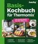 "Basis-Kochbuch für Thermomix" oben, Bilder zeigen einen Thermomix, Lachs und ein Gericht, Texten zu Begleiter, Rezepte, Tipps.
