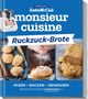 Texte: "monseiur cuisine", "Ruckzuck-Brote", "Mixen • Backen • Geniessen". Bilder von Broten und Mehl, Kochgerät oben links., Buch