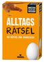 "Alltagsrätsel: 150 Rätsel und Knobeleien". Ein Huhn oben links und ein Ei unten rechts auf orangefarbenem Hintergrund., Buch