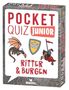 „POCKET QUIZ JUNIOR RITTER & BURGEN“; ein Drache, Wappen und Ritter illustriert., Buch