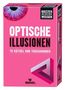 „OPTISCHE ILLUSIONEN: 75 Rätsel und Täuschungen“ auf rosa Hintergrund, oben ein irisierendes Auge., Buch