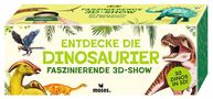 "ENTDECKE DIE DINOSAURIER - FASZINIERENDE 3D-SHOW", zeigt bunte Dinosaurier-Illustrationen und eine Brille., Buch