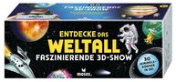 Text: "ENTDECKE DAS WELTALL FASZINIERENDE 3D-SHOW, 30 Himmelskörper in 3D!" Illustration mit Astronaut, Rakete, Planeten., Buch