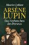 Text: "Maurice Leblanc, Arsène Lupin, Das Verbrechen des Perseus." Illustration: Lupin hält Schmuck, Frau mit Maske, Mann mit Waffe., Buch