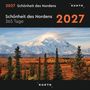 „Schönheit des Nordens“, „365 Tage“, „2027“, „KUNTH“. Schneebedeckter Berg mit Nadelwäldern im Herbstkleid., Kalender