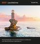 2027 Leuchttürme. Wochenkalender mit 53 abtrennbaren Grußkarten. Leuchtturm auf Felsen im Meer mit Sonnenuntergang., Kalender