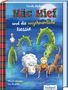 „Mäc Mief und die ungeheuerliche Nessie“ zeigt ein Kind, ein Schaf, einen Hund und ein fröhliches Monster auf einem Steg., Buch
