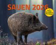 "Sauen 2026" steht oben in Orange. Rundes gelbes Logo rechts mit "mit Mond Helligkeitskalender". Wildschwein im Wald.