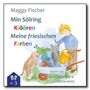 Oben: Maggy Fischer, "Min Sölring Klöören Meine friesischen Farben". Unten: Kinderzeichnung, Junge streichelt Katze., Buch