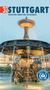 "3 Days in Stuttgart. Travelling smart and sustainable!" zeigt einen beleuchteten Brunnen in der Abenddämmerung., Buch