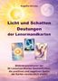 Titel: "Licht und Schatten Deutungen der Lenormandkarten". Drei Karten und Sonne im Hintergrund. , Buch