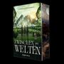 "Stephanie Guckenmus. Zwischen den Welten. Hybrid Verlag." Drei Silhouetten und ein Wolf vor Bergen, mit fantastischer Landschaft., Buch