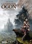 Text: "Länder von Ogon 7 - Die Zitadelle der Nebel." Eine Frau hält ein Kind, ein Krieger steht hinten, Burg im Hintergrund., Buch