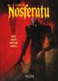 „Das Buch von Nosferatu“ oben, Autorenlinks. Illustration: Vampir mit langen Klauen auf rotem Hintergrund., Buch