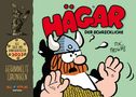 "Hägar der Schreckliche" in großen roten Buchstaben. Illustration eines Wikingers mit Helm und Bart. Links Text über Comicsammlung., Buch