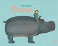 Text: "Nikolaus Heidelbach Simone." Illustration eines lächelnden Mädchens auf einem großen Nilpferd vor blauem Hintergrund., Buch