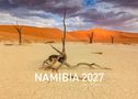 Text: "NAMIBIA 2027 Limited Edition." Karge Wüste mit vertrockneten Bäumen und orange Dünen unter dramatischem Himmel., Kalender