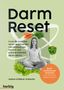 "Darm Reset", Aktivieren des Darmgesundheitspotentials. Meditation, Gemüse, Frau in Meditationshaltung, grüner Hintergrund., Buch