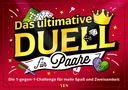 "Das ultimative Duell für Paare. Die 1-gegen-1-Challenge für mehr Spaß und Zweisamkeit." Verspieltes Design mit Symbolen.