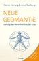 "NEUE GEOMANTIE" mit Untertitel "Heilung des Menschen und der Erde". Illustration von Mensch in geometrischer Form., Buch