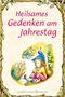 „Heilsames Gedenken am Jahrestag“ in pinker Schrift. Illustration: Person mit Hut, Kerze, umgeben von Bäumen., Buch