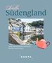 "Hello Sudengland" und "Echte Herzensorte zwischen Seeluft und Scones". Illustration einer Teekanne, Häuser am Wasser., Buch