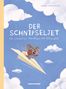 "DER SCHNIPSELJET. Ein wimmeliges Abenteuer über Schönefeld." Illustration einer Maus auf einem Papierflugzeug im Himmel., Buch