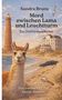„Mord zwischen Lama und Leuchtturm“ steht auf einem Cover. Ein Lama am Strand, ein Leuchtturm und eine liegende Person., Buch