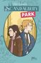"Scandalbury Park" von Ellen Damerau. Zwei Personen im Profil, eine mit Regenbogen-Pin, die andere in historischer Kleidung., Buch