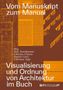 Text: Vom Manuskript zum Manual. Hrsg. Hans Aurenhammer, Christina Clausen, Daniela Grotz, Christiane Salge. Visualisierung und Ordnung von Architektur im Buch. Hintergrund: Architekturzeichnungen und antiker Text auf orangenem Grund., Buch