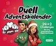 „Der Duell Adventskalender: 24+2 Challenges für eine unvergessliche Weihnachtszeit.“ Illustration von lächelndem Mann und Frau in Weihnachtspullovern. Links rot, rechts grün., Buch